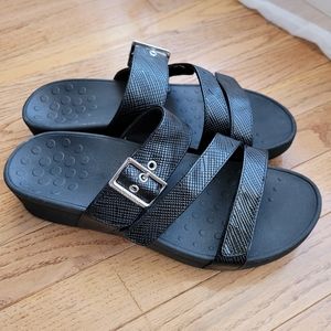 Vionic Rio Lizard Black Platform Sandal Faux Leather Adjustable W10